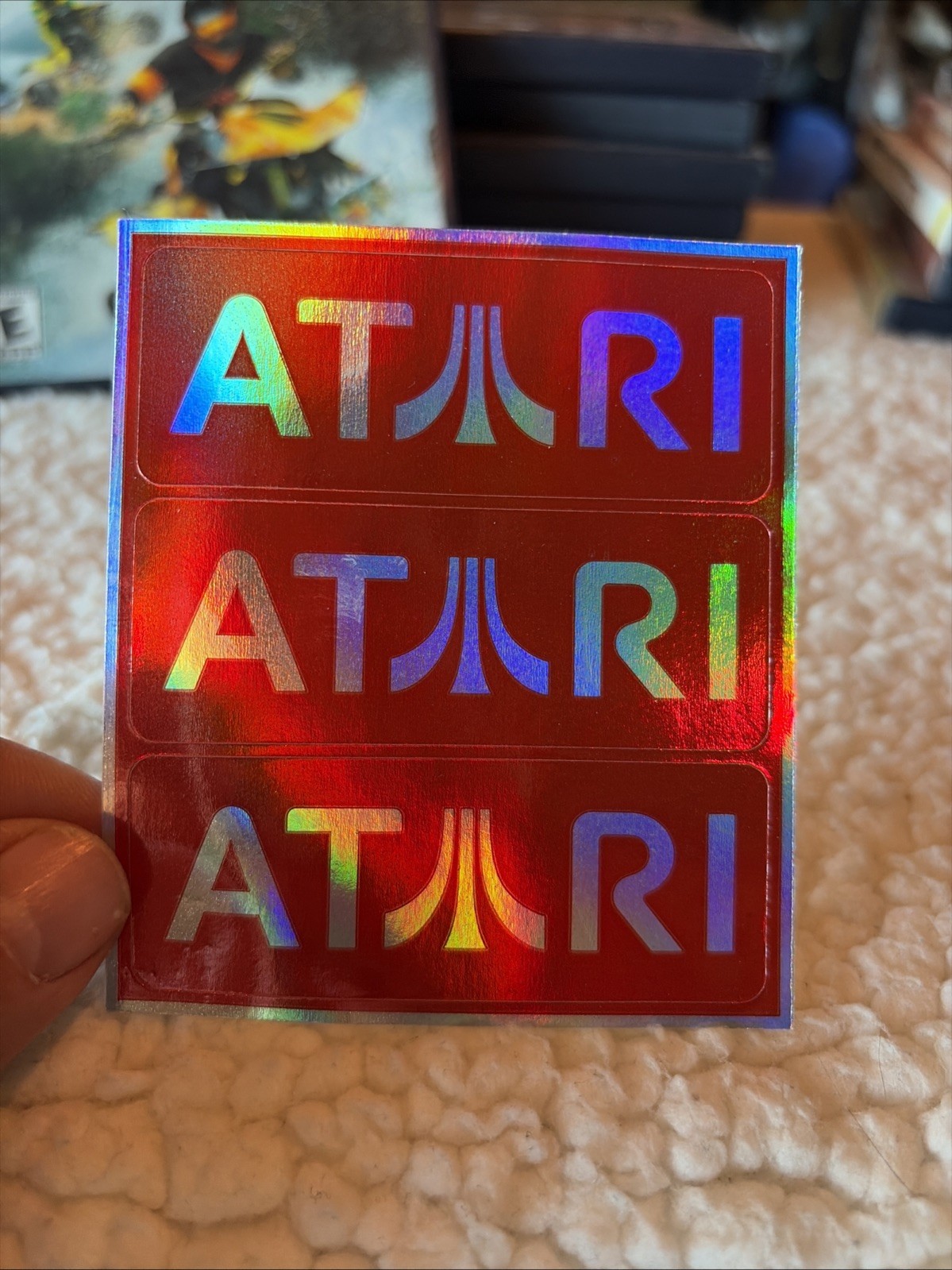3 Vintage Holographic Red Metallic Atari Stickers Classic Logo 80s