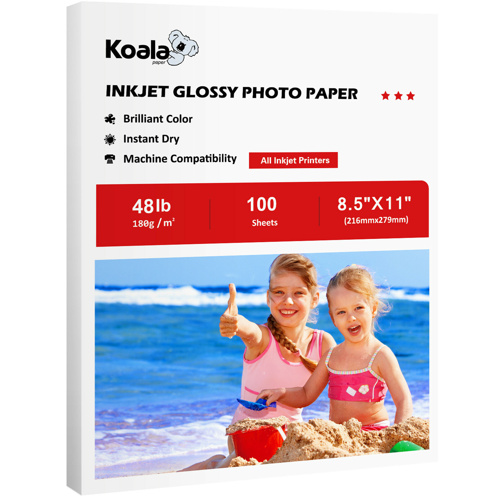 Koala Inkjet Photo Printer Paper 8.5x11 Glossy 48lb 100 Sheets 180g for HP Kodak