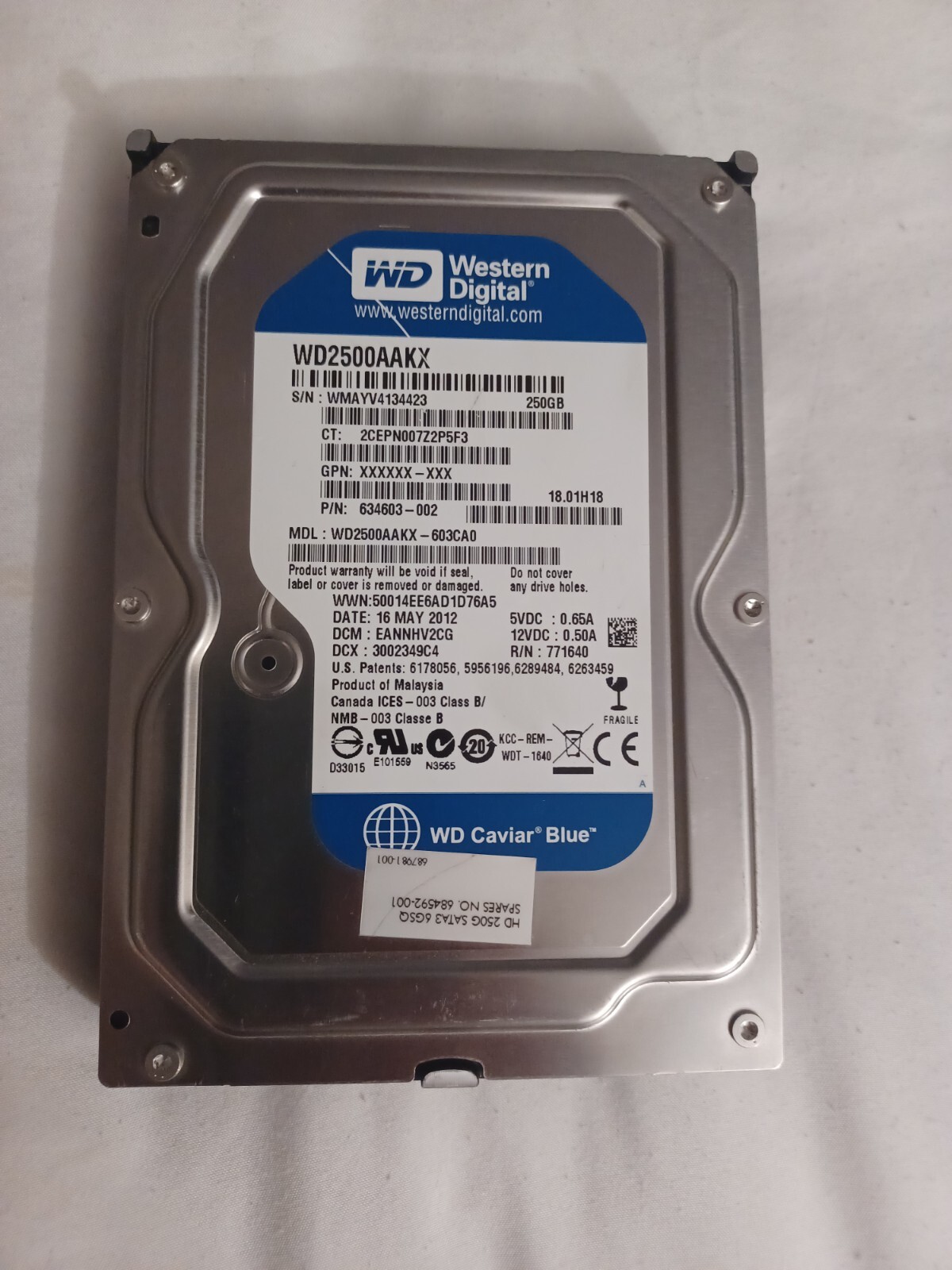 Western Digital WD2500AAKX WD2500AAKX-75U6AA0 SATA 3.5" Hard Drive 250GB WIPED