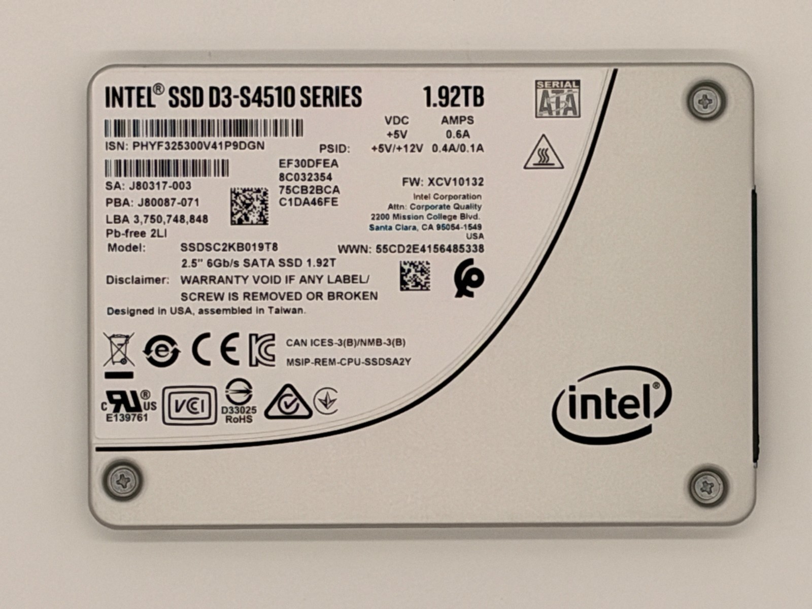 Intel D3-S4510 1.92TB 2.5" SATA III Enterprise SSD SSDSC2KB019T8 99% Health