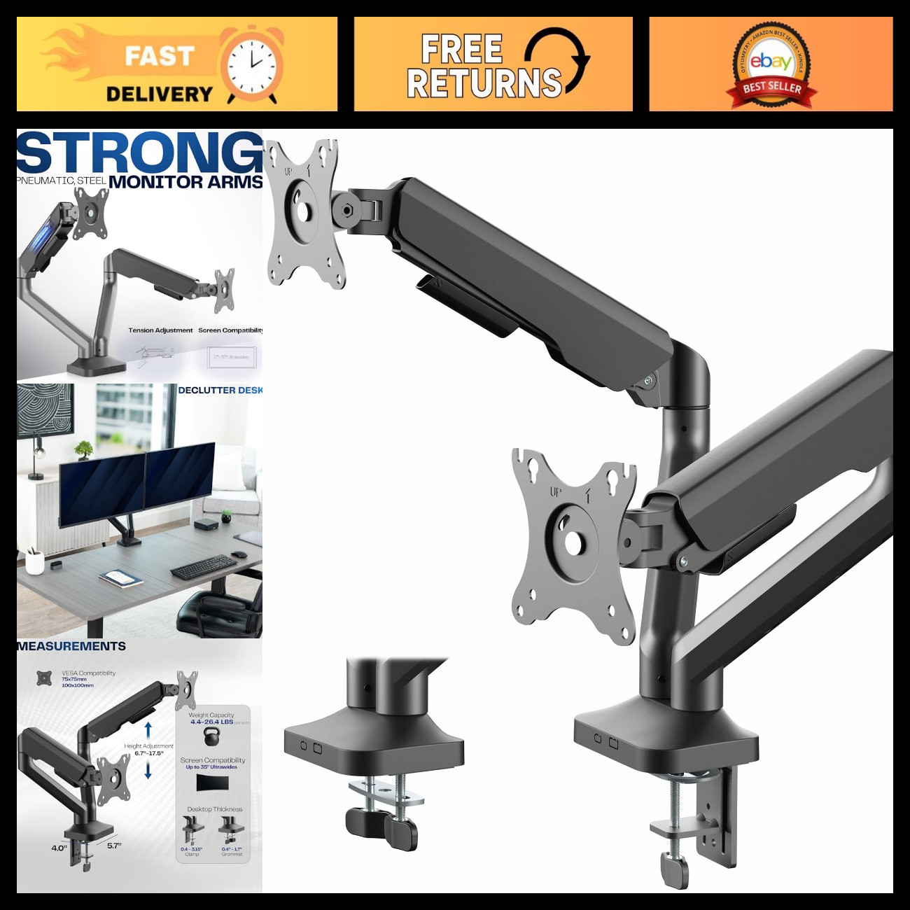 Dual Pneumatic Arm Ultra-Wide Monitor Mount for 35" Screens, Holds 26.4 lbs, Des
