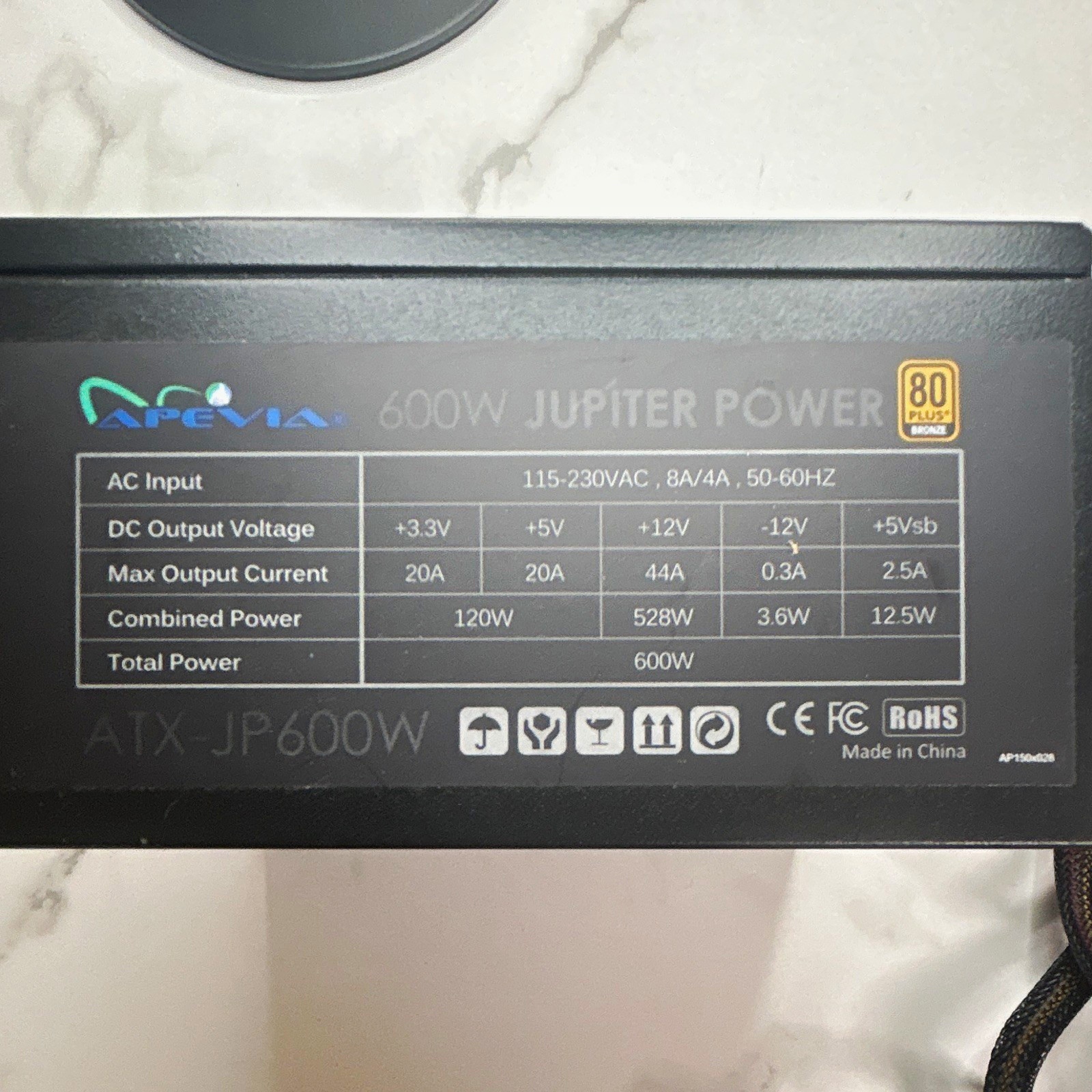 Apevia Jupiter Power 600W 80+ Bronze ATX Power Supply PSU ATX-JP600W
