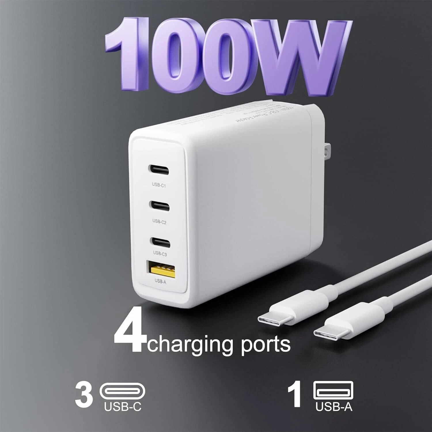 100W USB C Wall Charger GaN 4-Port Fast Charging PD QC Adapter for MacBook iPad