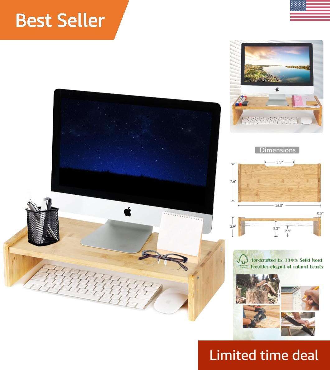 Elegant Solid Wood Monitor Riser - 2 Adjustable Heights for Ergonomic Comfort