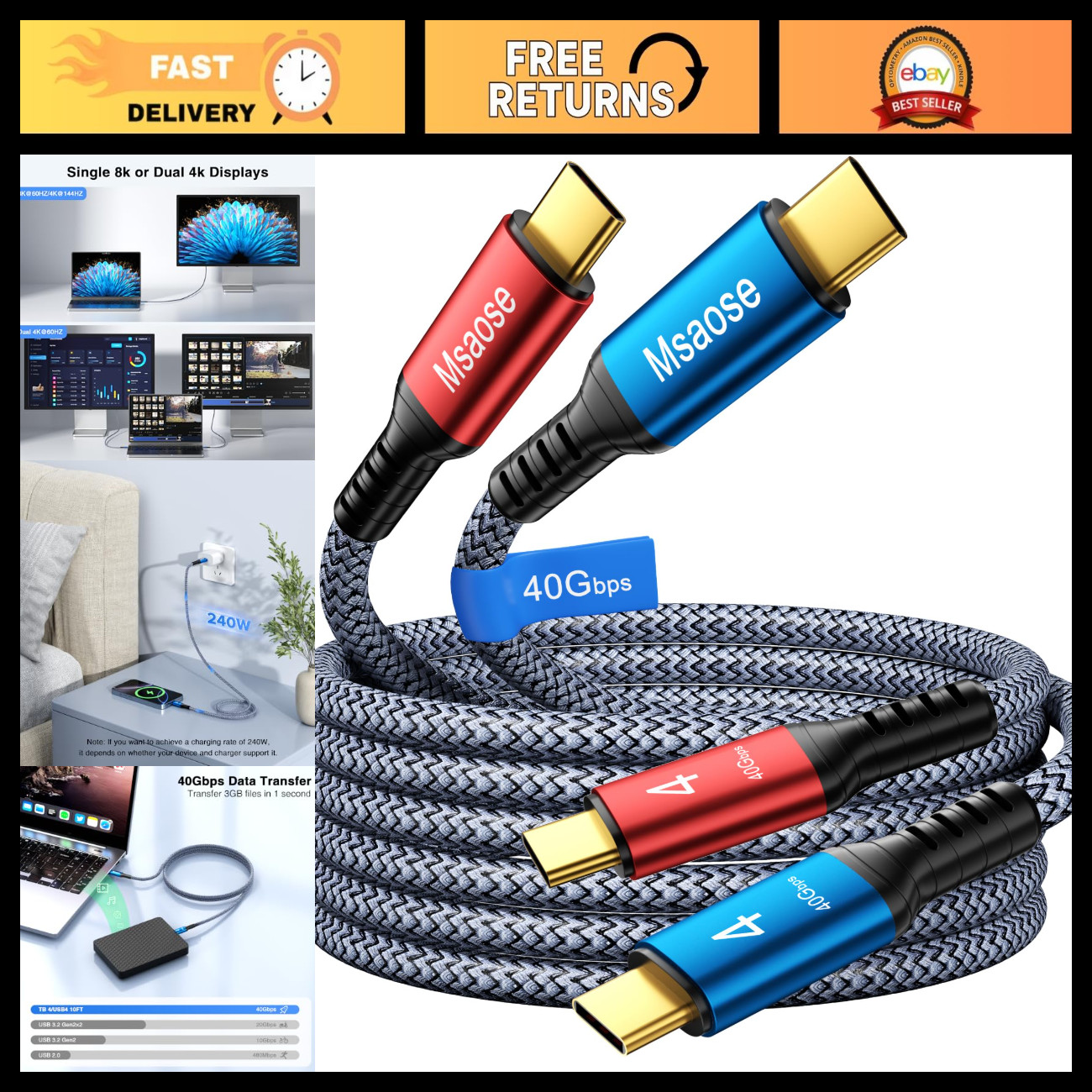 6.6FT Thunderbolt 4 Cable 2-Pack, 40Gbps, 240W PD, 8K@60Hz, Dual 4K, USB4 Compat