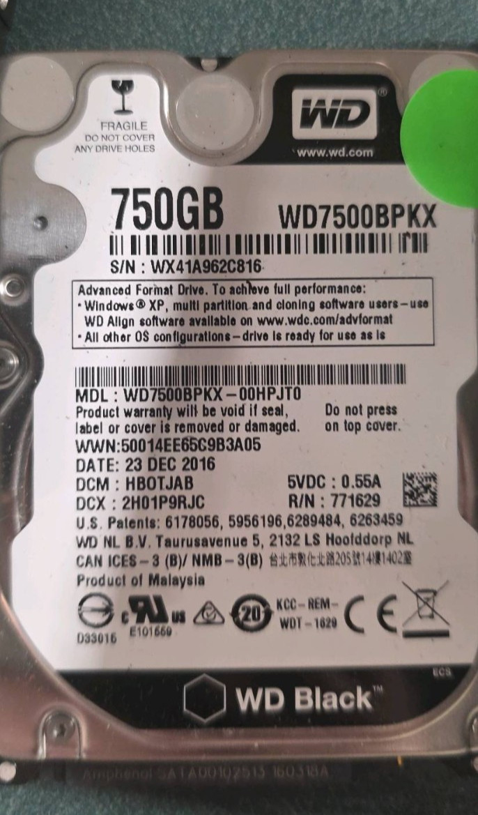 Western Digital WD7500BPKX Black 750GB Internal 7200RPM 2.5" HDD no tray