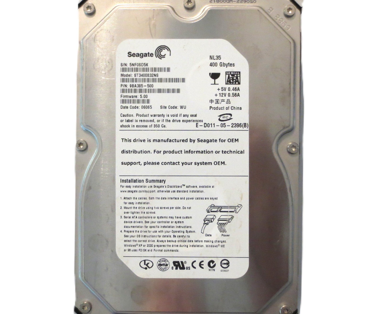 Seagate ST3400832NS 9BA385-500 5.00 (5NF) WU China 400gb 3.5" Sata HDD AUG/2005