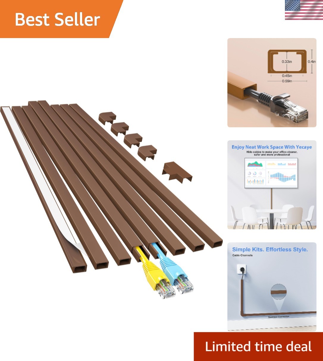 Elegant Brown Cord Hider - 113in Cable Raceway Kit for Safe Home Organization