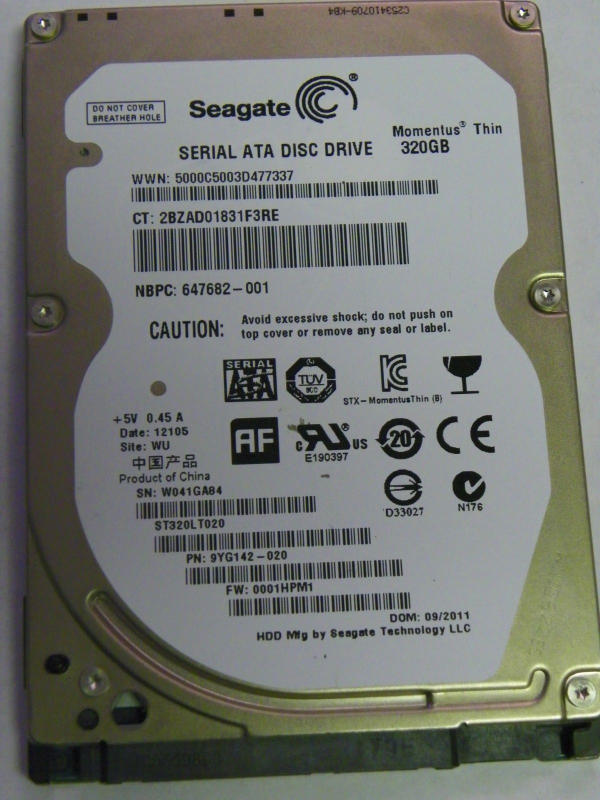 Seagate ST320LT020 P/N:9YG142-020 FW:0001HPM1 WU Laptop 320GB 2.5" 7mm SATA HDD