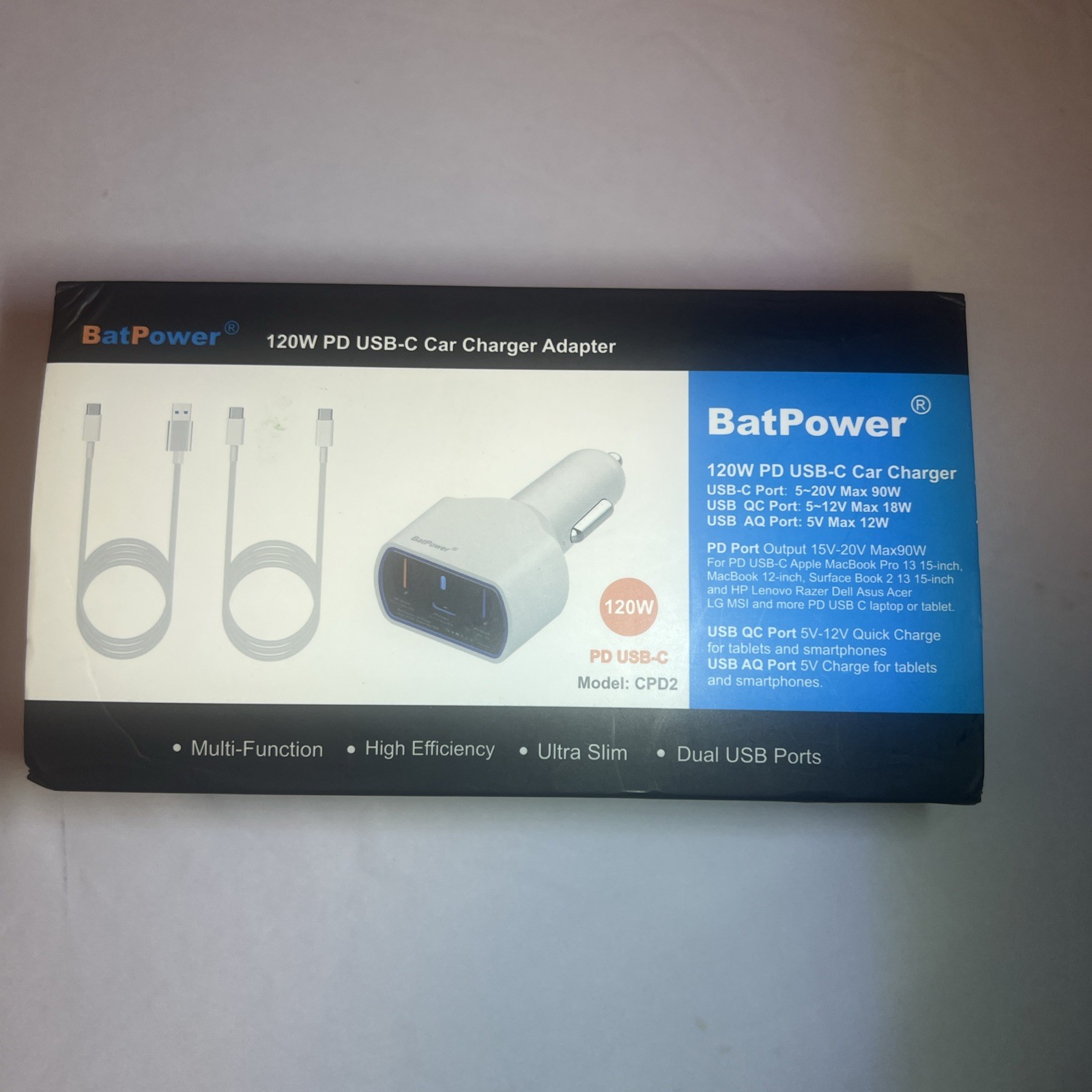 BatPower 120W 90W 60W Surface Book Pro Go Laptop PD USB C Car Charger Type C