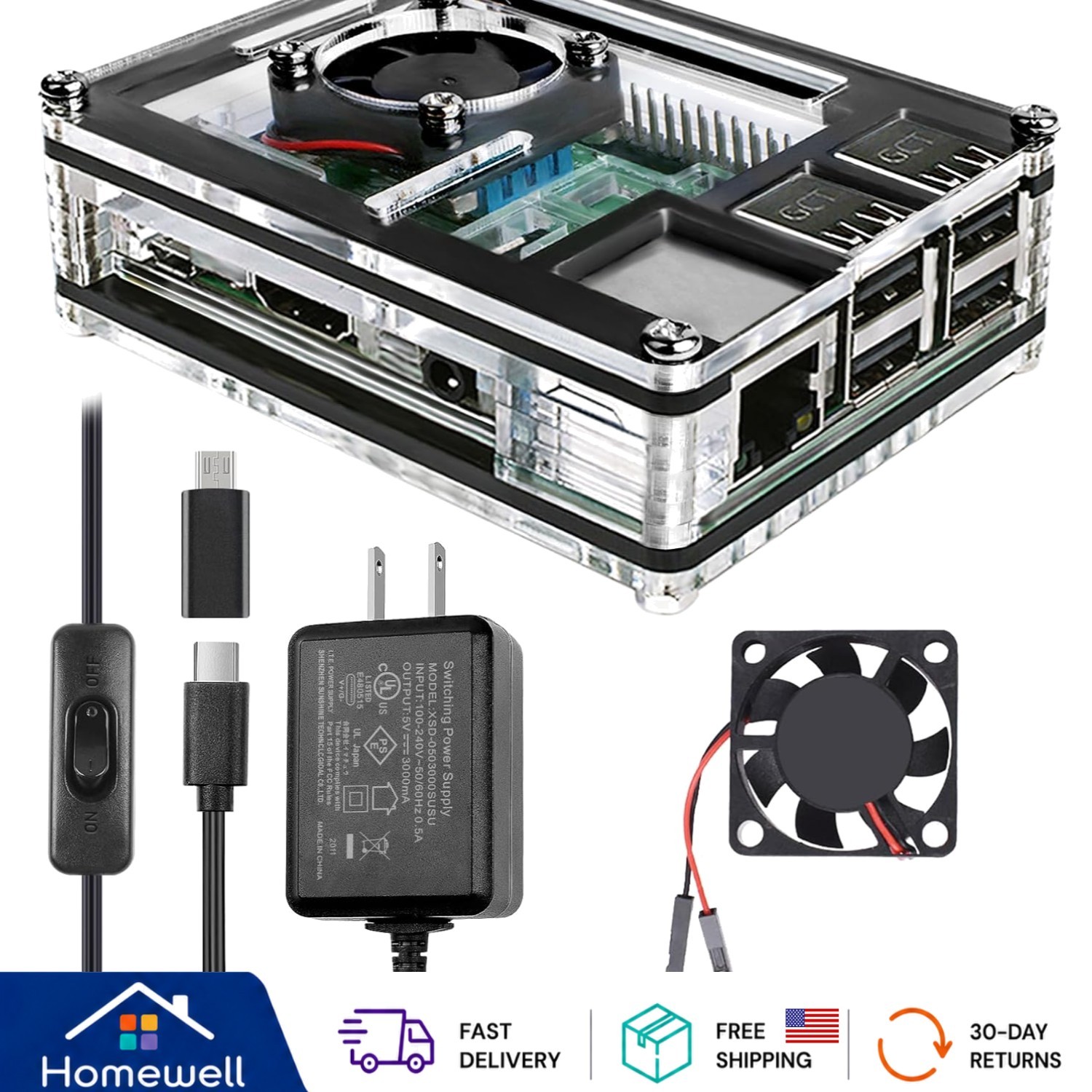 Elegant Raspberry Pi 3 Case with 30mm Fan, Heat Sinks, and ON/OFF Power Supply