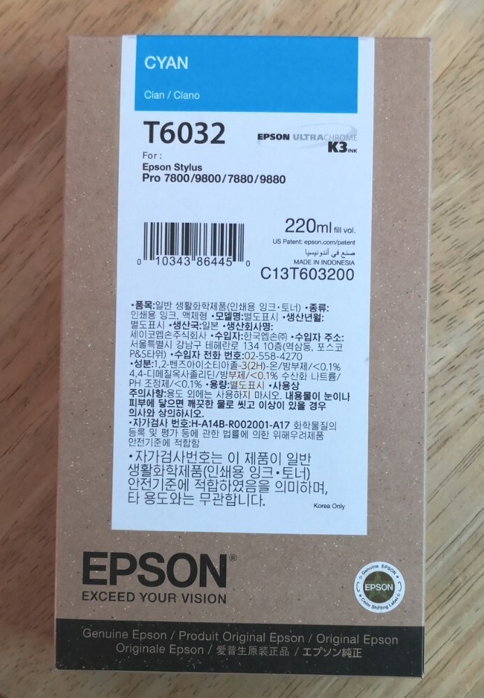 01-2025 NIB  GENUINE EPSON T6032 220ML CYAN INK STYLUS PRO 7800 7880 9800 9880