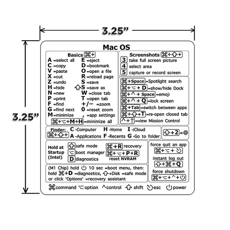 Mac OS Keyboard Shortcut Vinyl Decal Sticker MacBook, Air, Pro, M1 2022