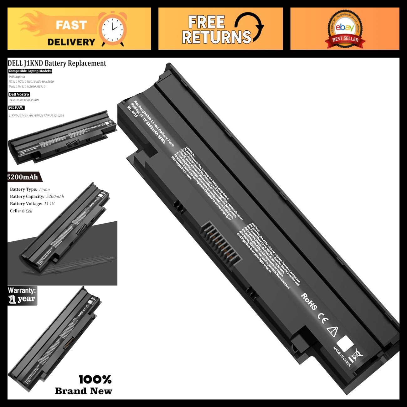 11.1V 58Wh Laptop Battery for Dell Inspiron Vostro N Series - High Capacity Repl