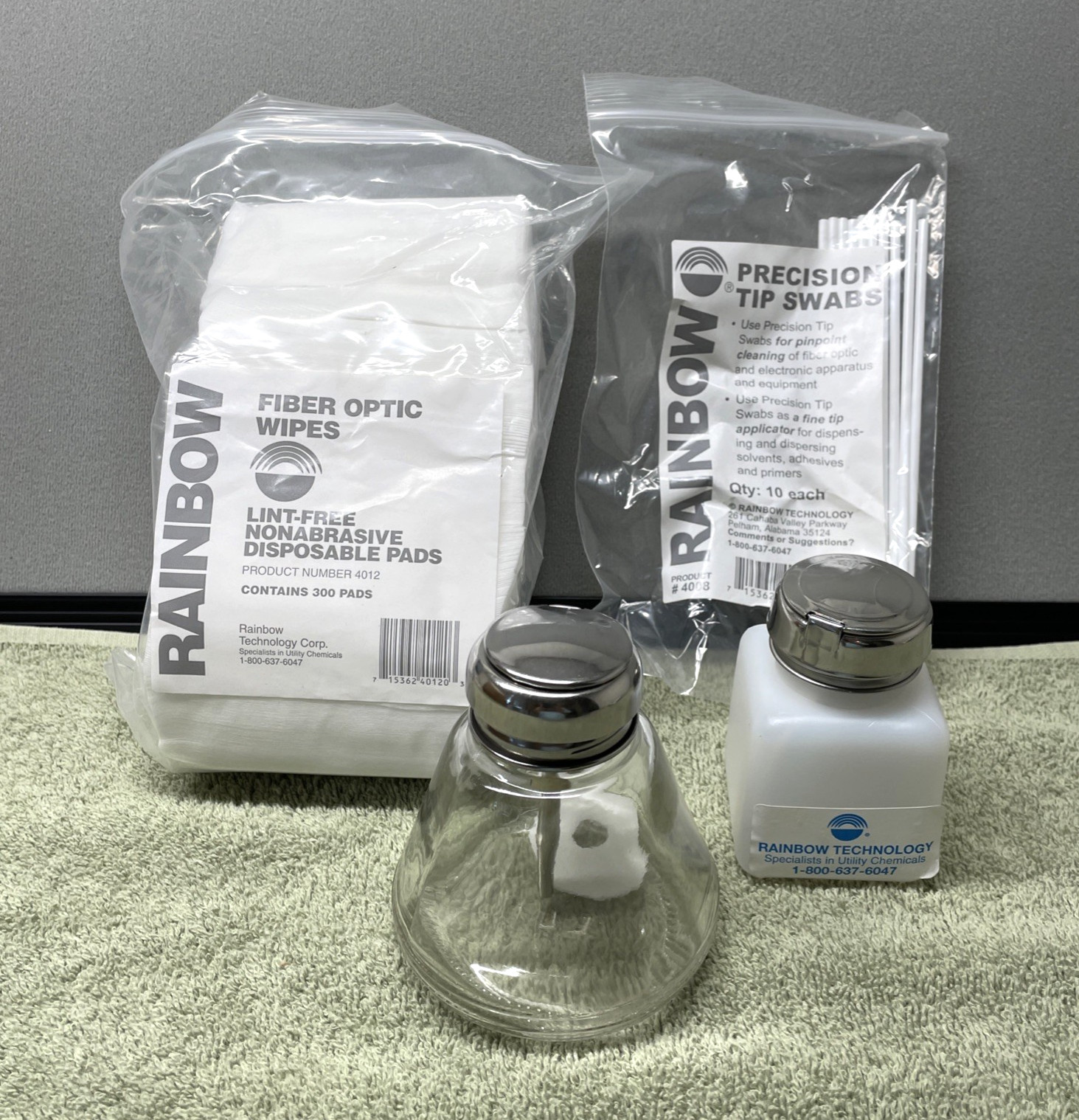 Rainbow Fiber Optic Wipes, Precision Tip Swabs, Glass Alcohol Bottle + Lot