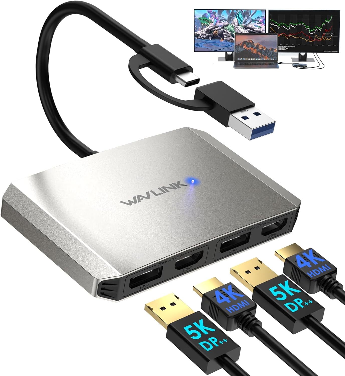 WAVLINK DisplayLink Dock Dual Monitor USB-C Dock 4K HDMI DP Ethernet 100W PD
