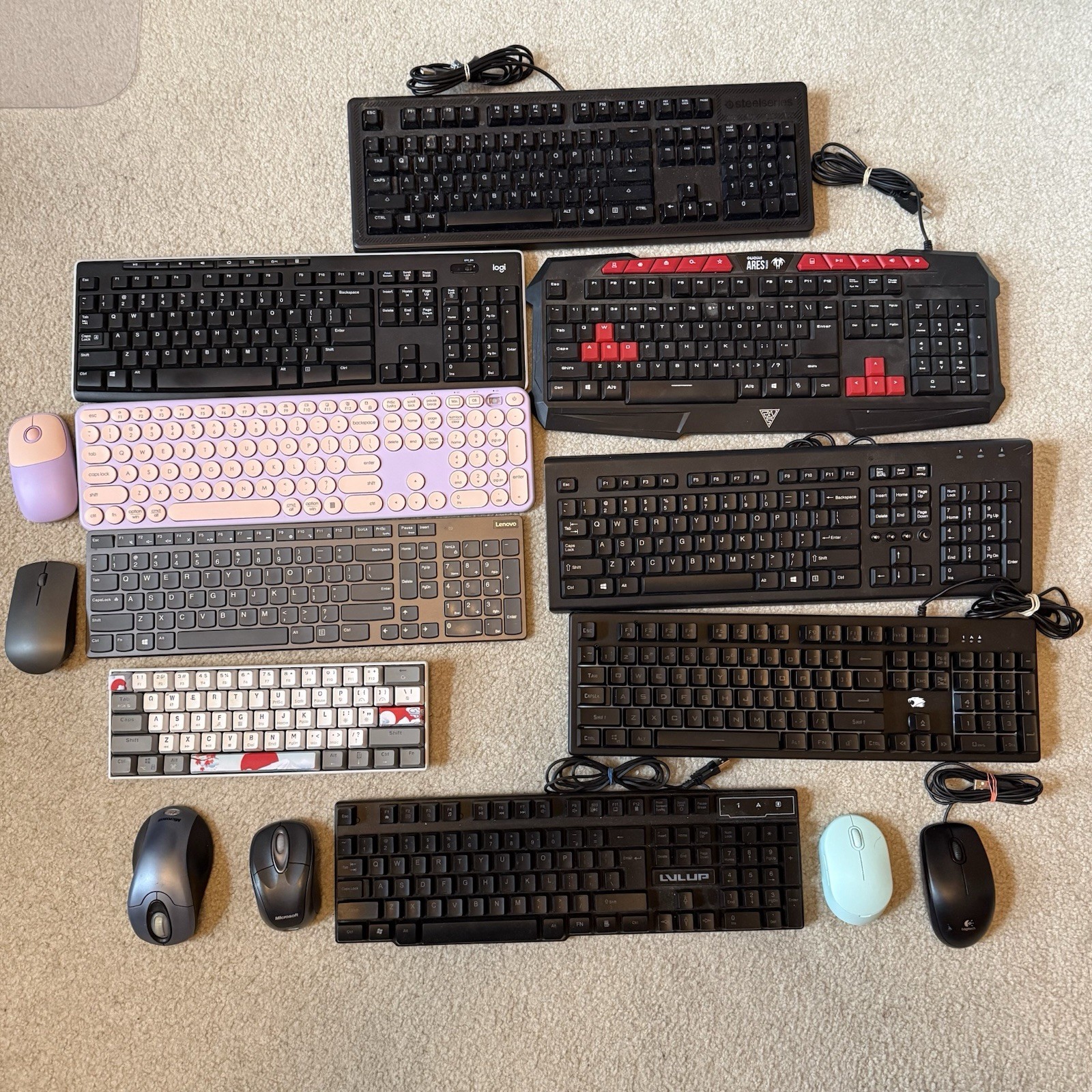 Lot  of 9 various brand keyboards and 6 computer mice. Logitech, Lenovo Gaming