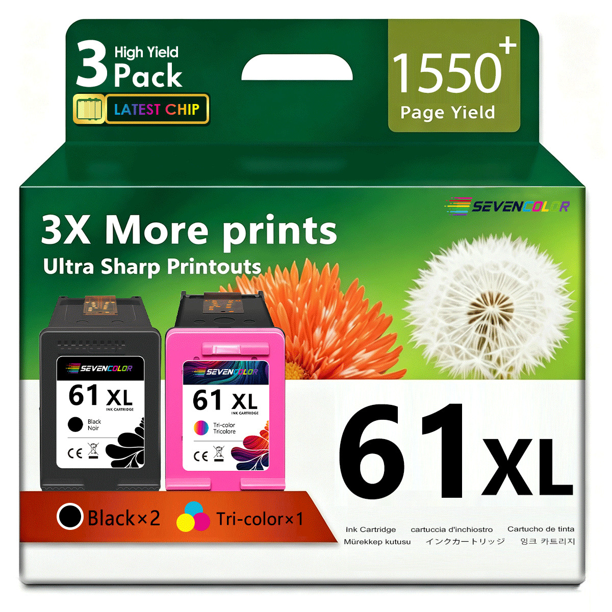 61XL Ink Cartridge(3Pack, 2 Black / 1 Tri-Color) | High Yield & Vivid Combo Pack