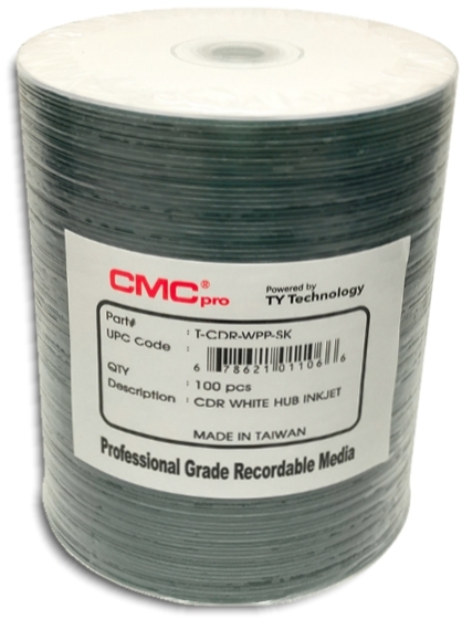 100-Pak CMC Pro (TY Technology) White Inkjet Hub Printable 52X 80-Minute CDR's