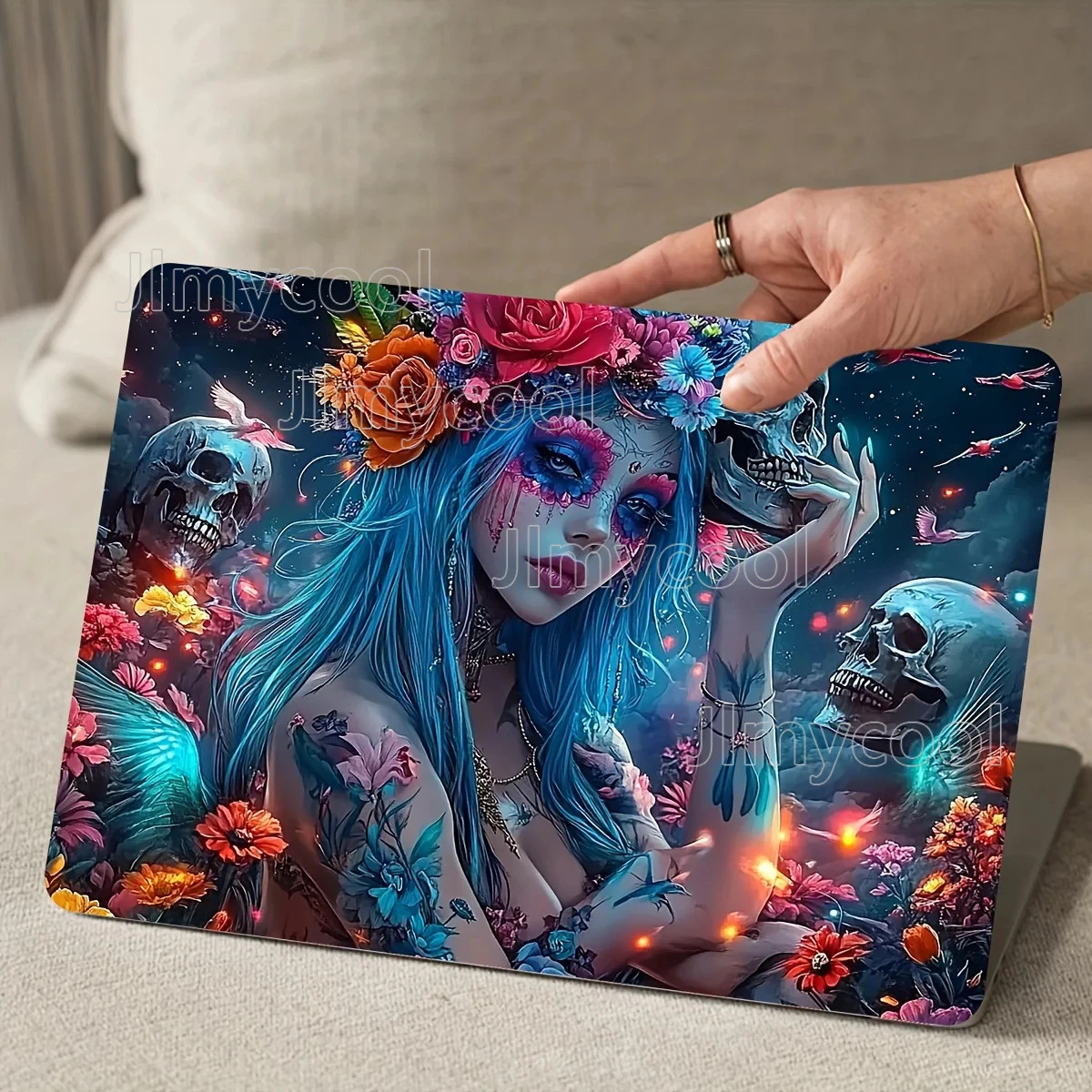 2 Pack Gothic Blue Beauty and Skull Laptop Stickers Waterproof Scratch Resistant
