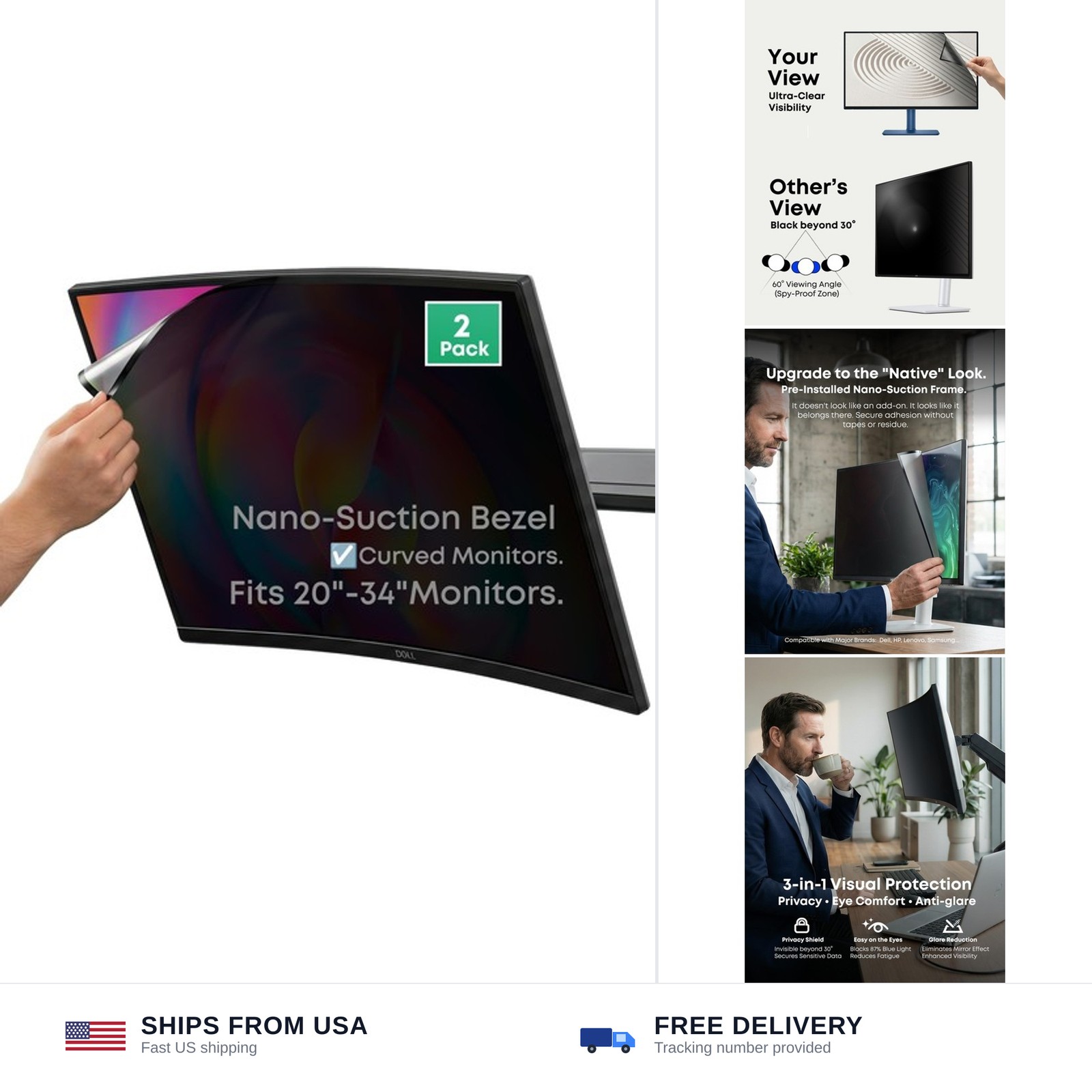 2-pack 24 inch privacy screen filter 16:9 curved monitor nano-suction frame