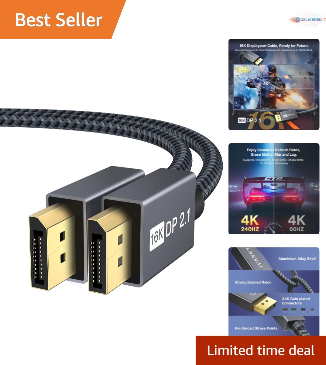 DisplayPort 2.1 Cable 6.6ft High Speed 16K 8K 4K HDR HDCP for Gaming Monitors