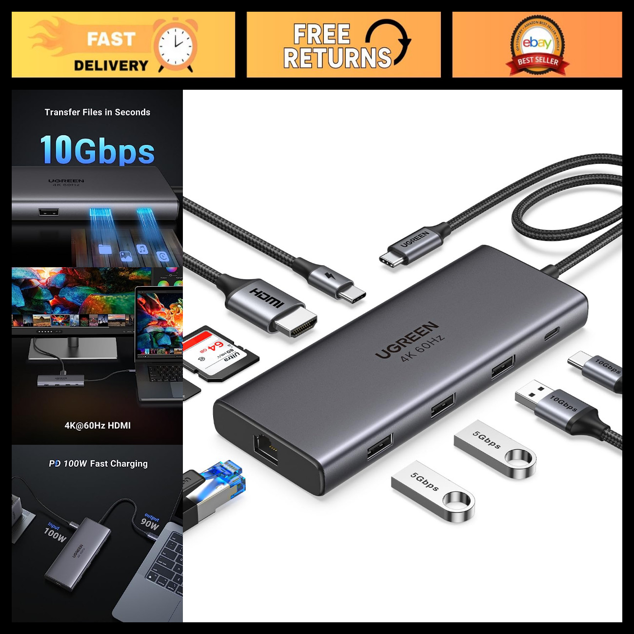 9-in-1 USB-C Hub, 10Gbps Data Transfer, 4K HDMI, Multiport Adapter, Fast Chargin