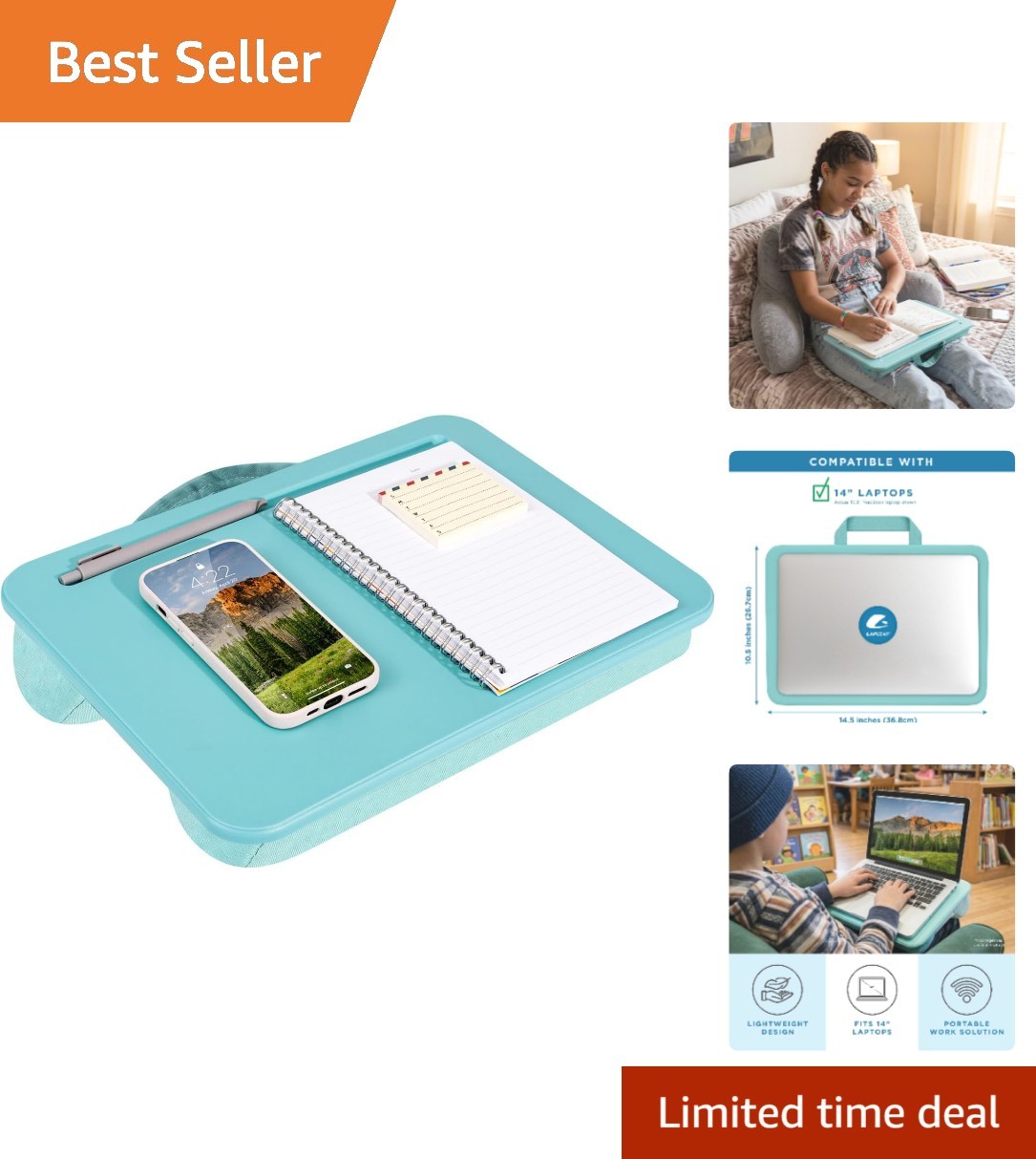 Travel-Friendly Aqua Sky Lap Desk - Fits 14" Laptops, Built-in Carry Handle