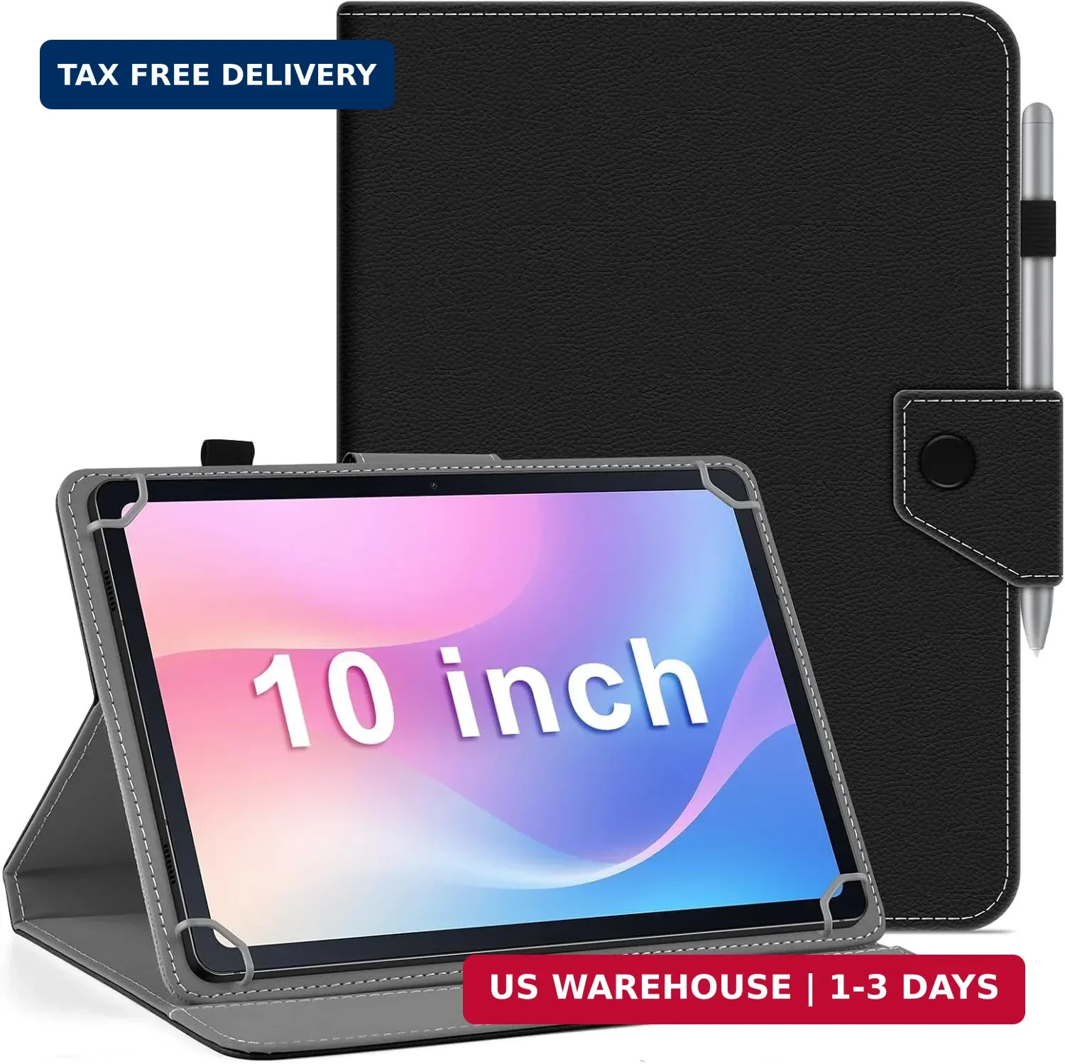 DETUOSI Universal 10.1 Inch Tablet Case with Pencil Holder, Black