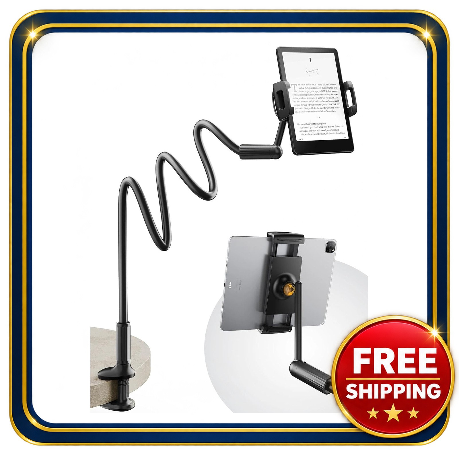 Extended 47-inch gooseneck tablet holder with adjustable arm and stability