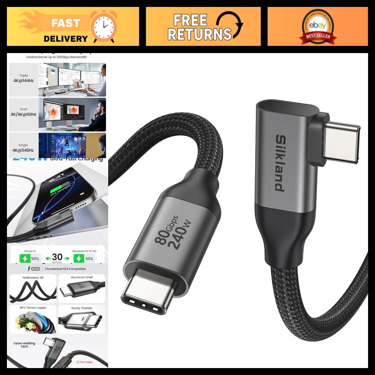 80Gbps USB 4 Thunderbolt 5 Cable Right Angle 240W 5FT - High Speed Data Transfer