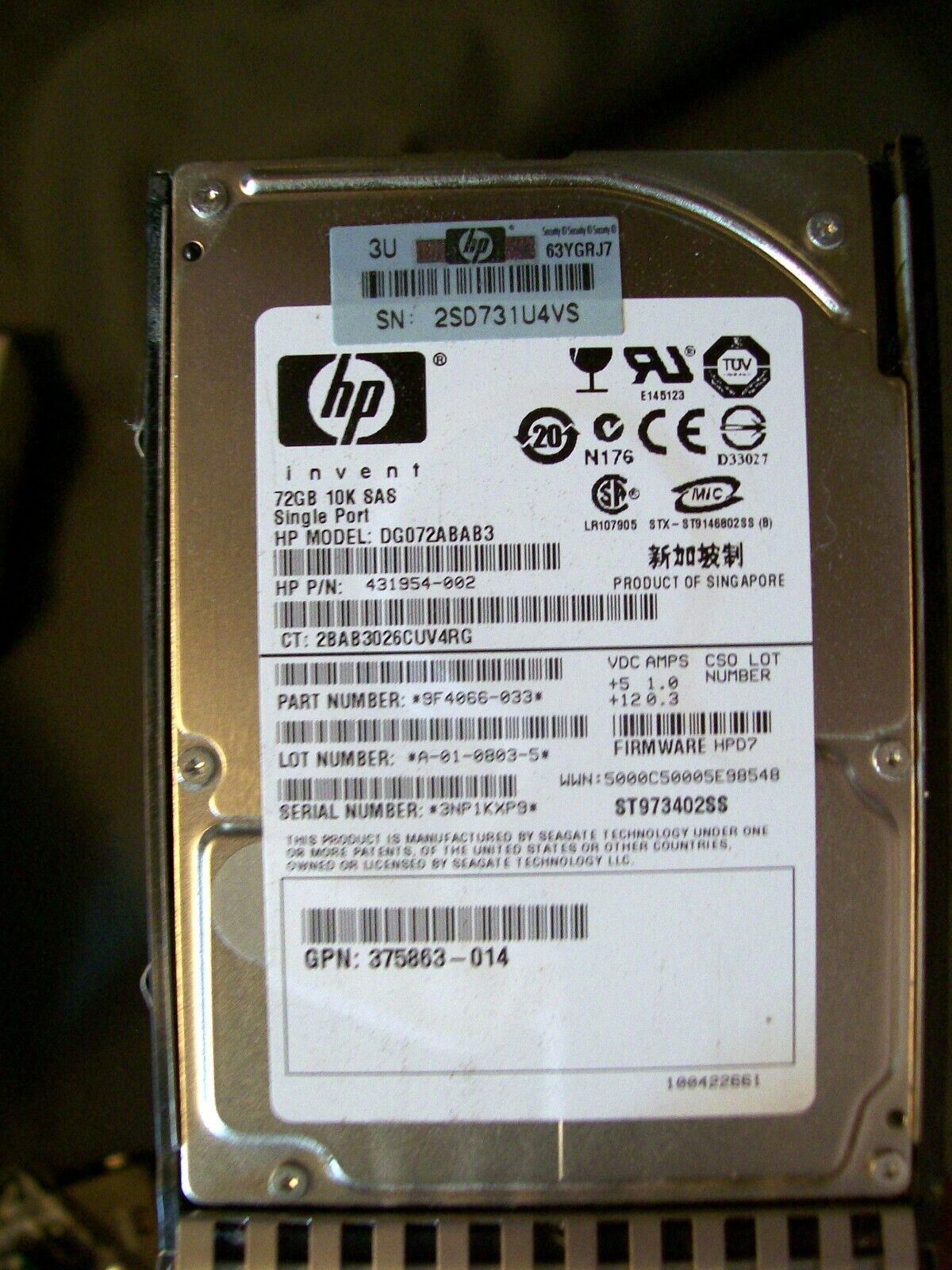 HP INVENT 72GB 10K SAS SINGLE PORT DG072ABAB3 WITH CASE COVER/CADDY