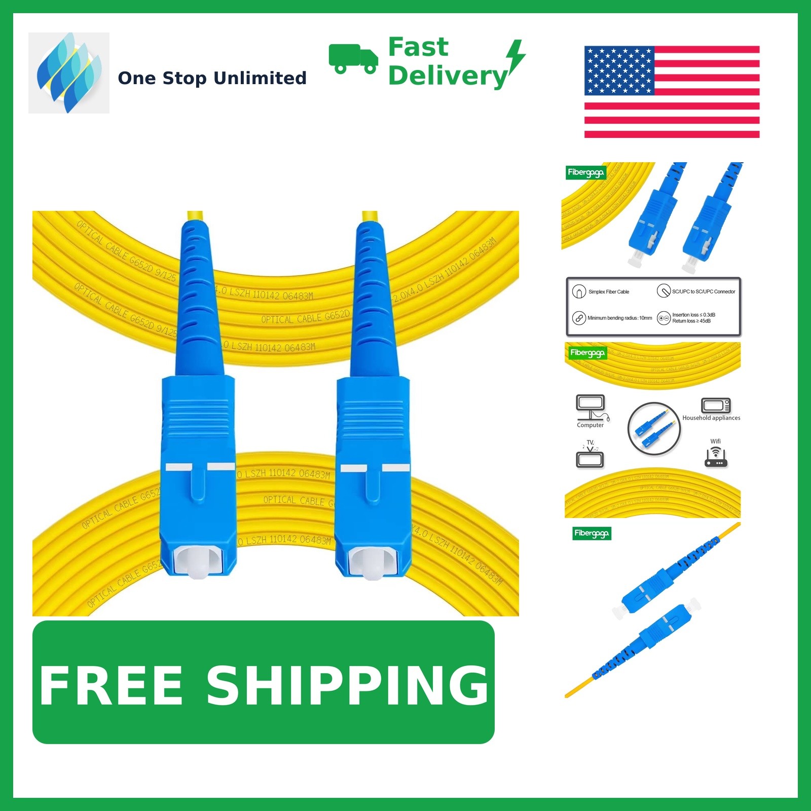 Fibergaga SC to SC OS2 Fiber Optic Cable, 10M/33ft
