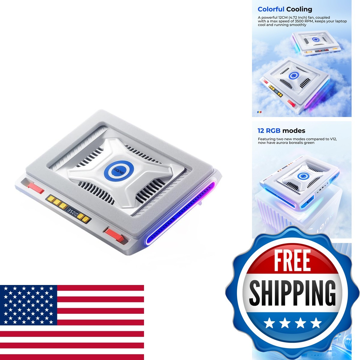llano V10 Gaming Laptop Cooler RGB Cooling Pad 4.72in Fan 13-17.3in 4-Port USB