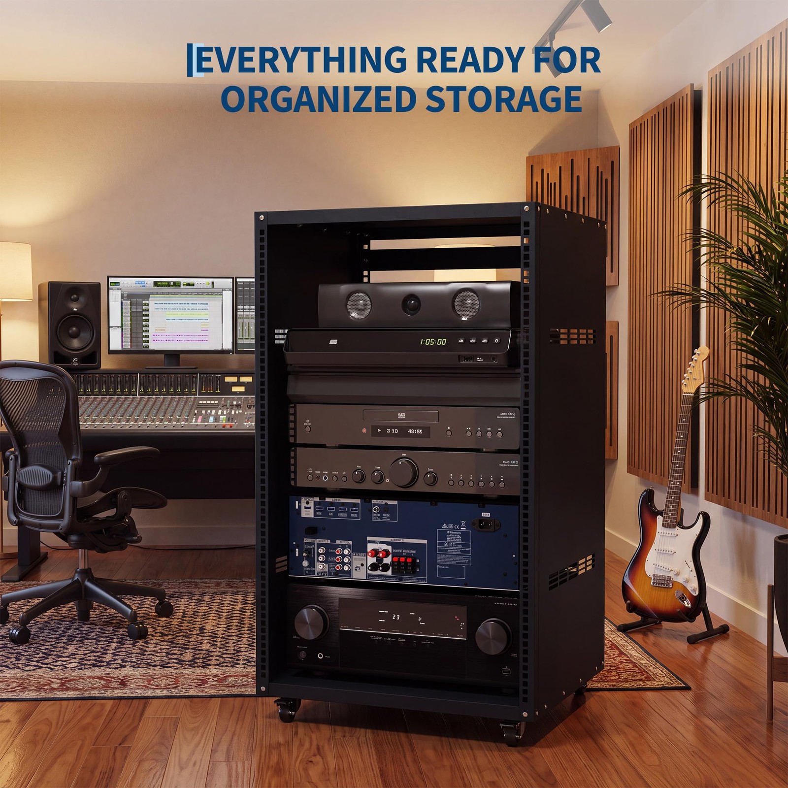 AV Rack w/ Caster Wheels 16U Heavy Duty Stand for Network Studio Equipment