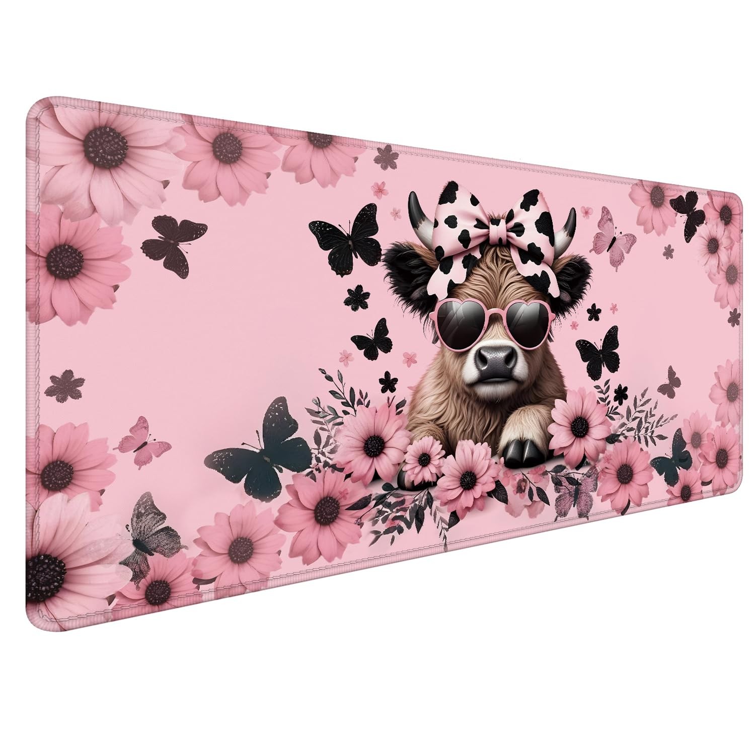 Funny Pink Floral Highland Cow Mouse Pad 31.5x15.7inch, Cute Heifer Cow Print...