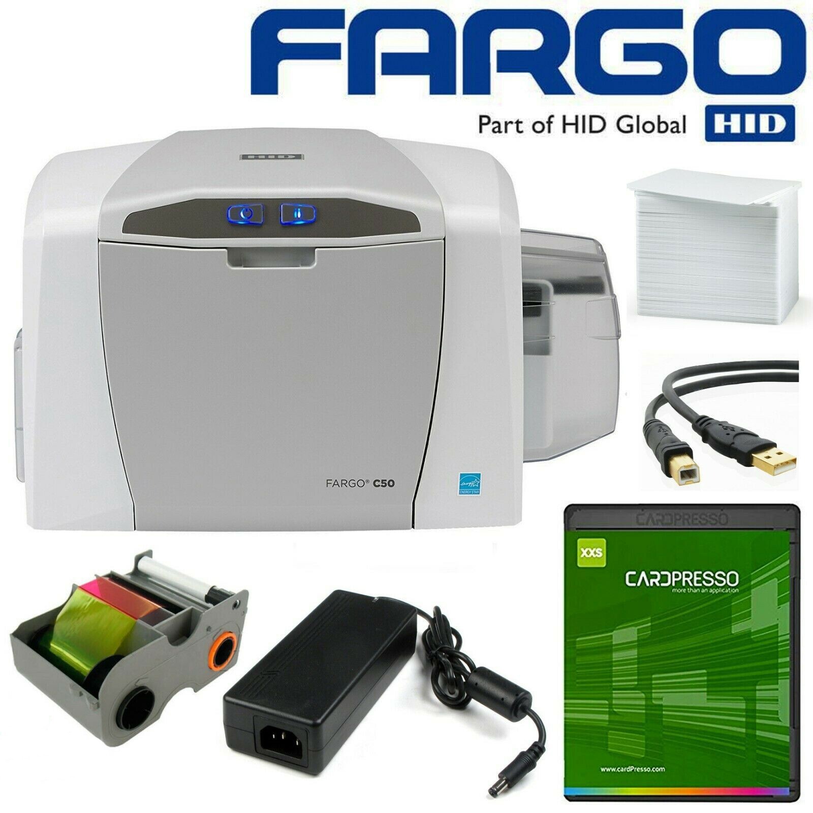 Fargo C50 ID Card Thermal Printer w/ Software Ribbon and Supplies Bundle  PL