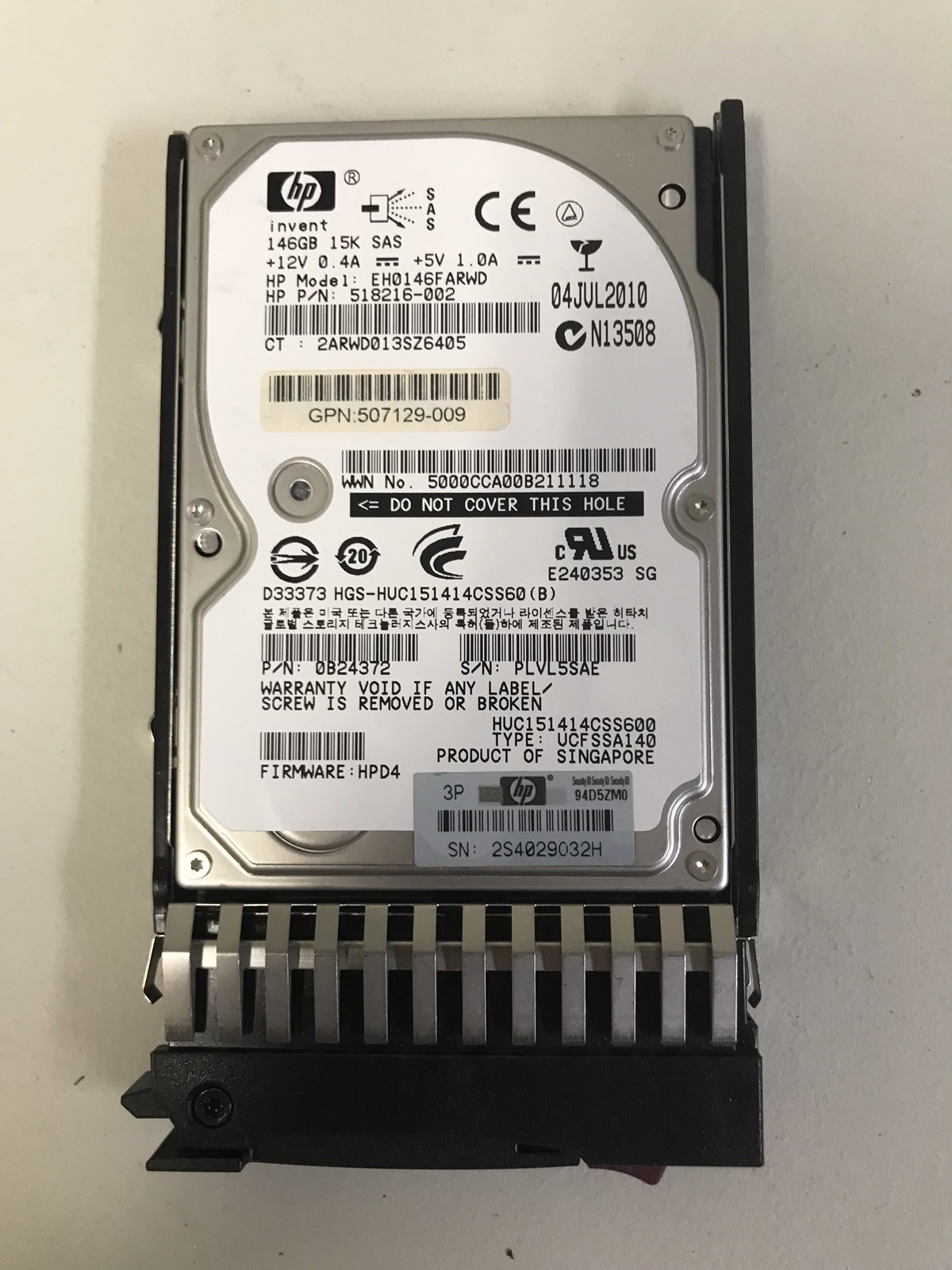 518216-002 HP 146GB 6G SAS 15K rpm SFF 2.5'' Dual Port Enterprise HDD W/Tray