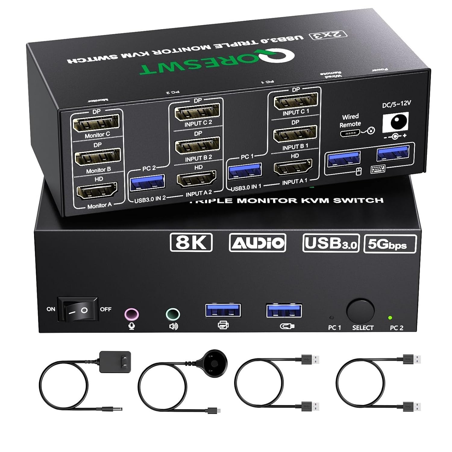 KVM Switch 3 Monitors 2 Computers with Audio, HDMI + DisplayPort Triple Monitor