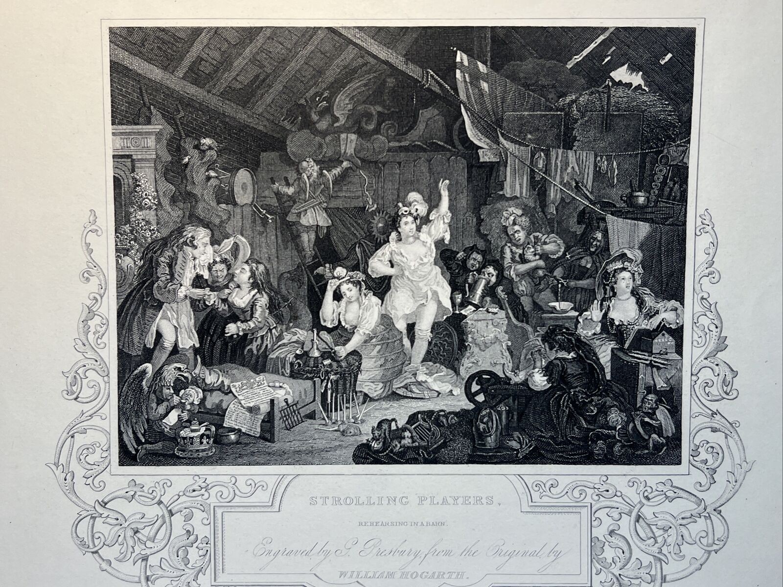 Strolling Players Rehearsing In a BarnWilliam Hogarth Antique Steel Engraving