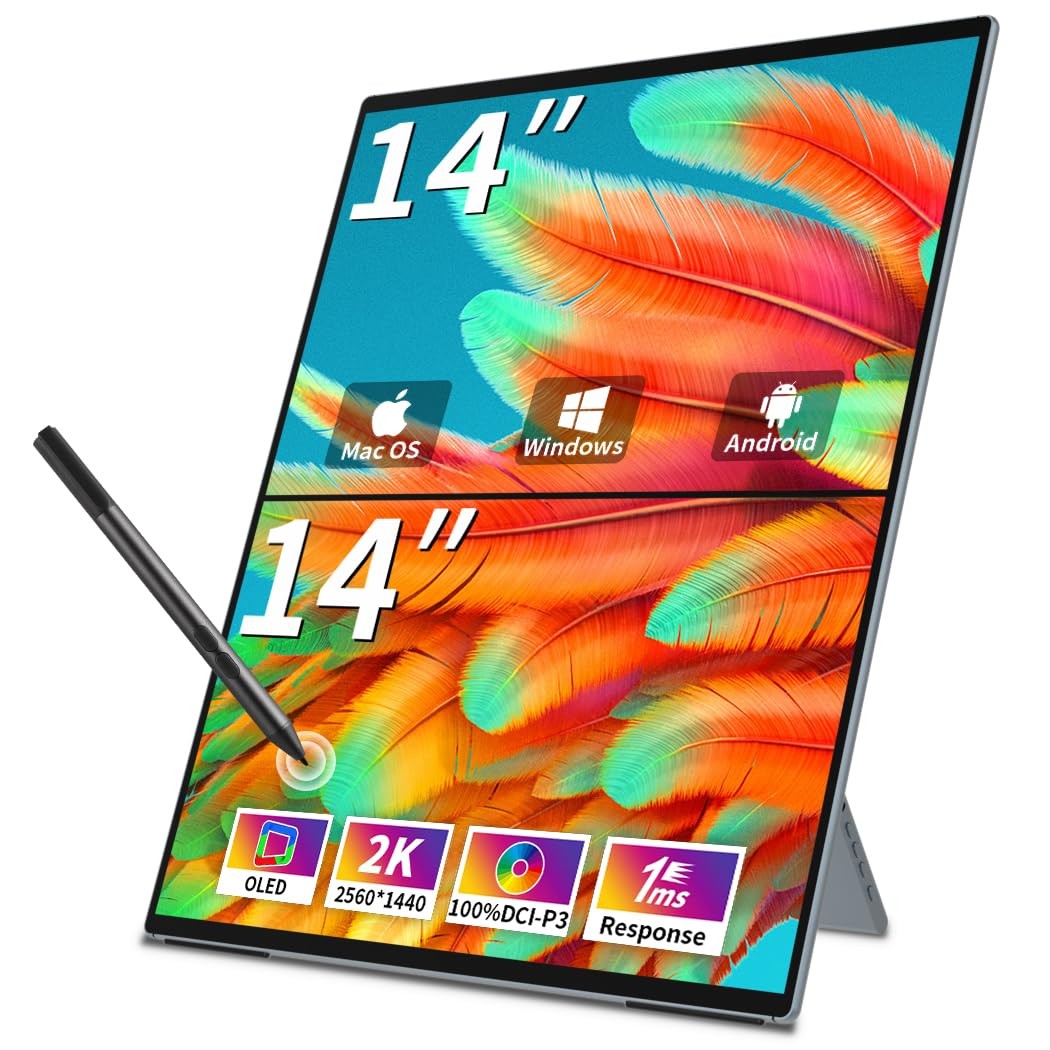 Magedok Dual Monitor 14 Inch 2K OLED,Portable Touch 14", BLACK