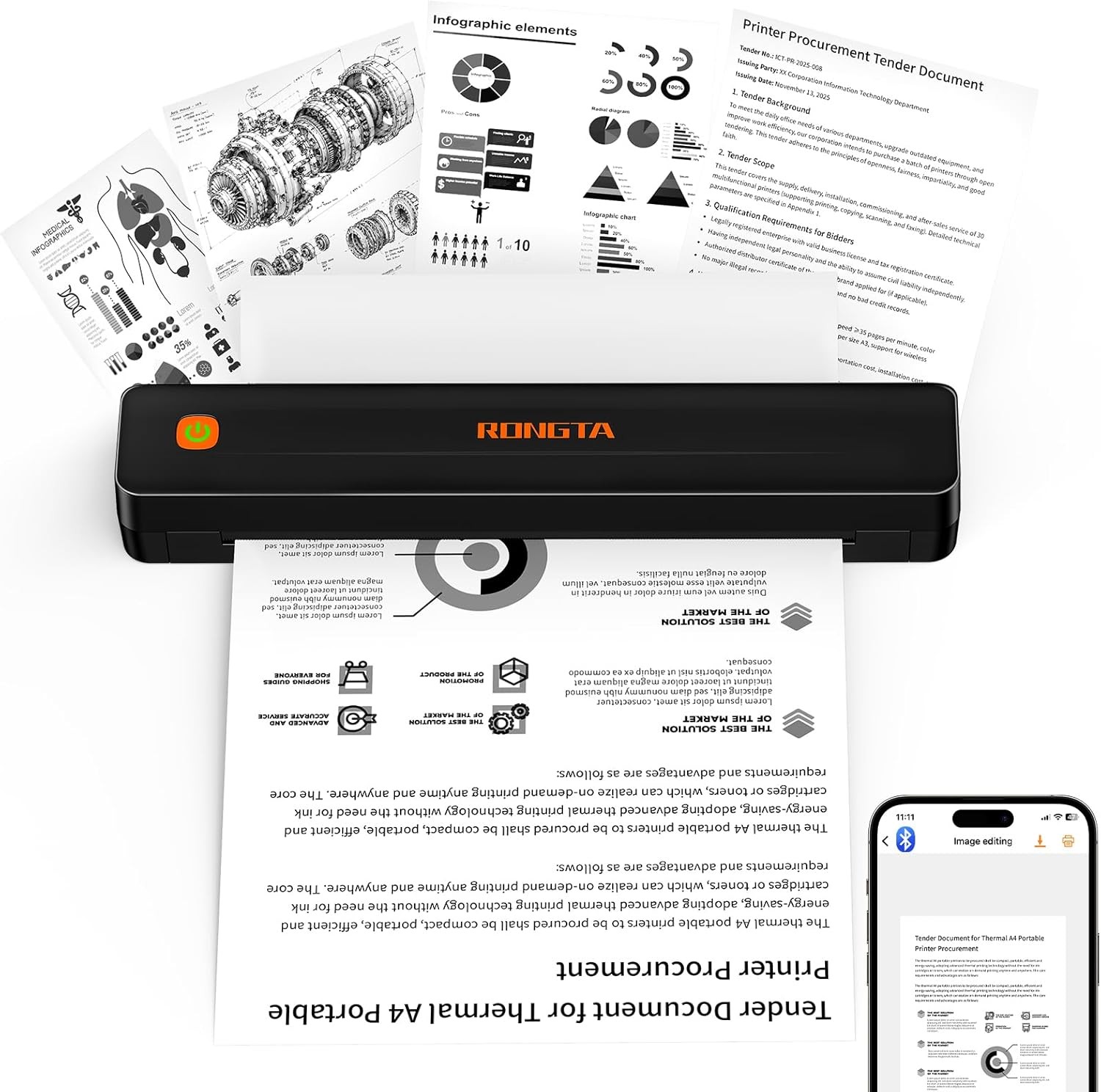 Rongta Portable Thermal Printer Wireless Bluetooth Mobile Inkless Travel Office