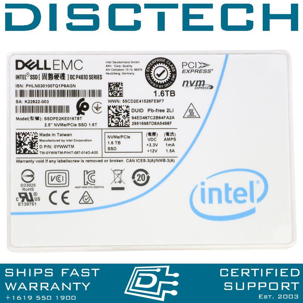 Dell YWWTM 1.6TB NVMe U.2 PCIe 3.1 2.5 Intel DC P4610 58V30 SSDPE2KE016T8T SSD