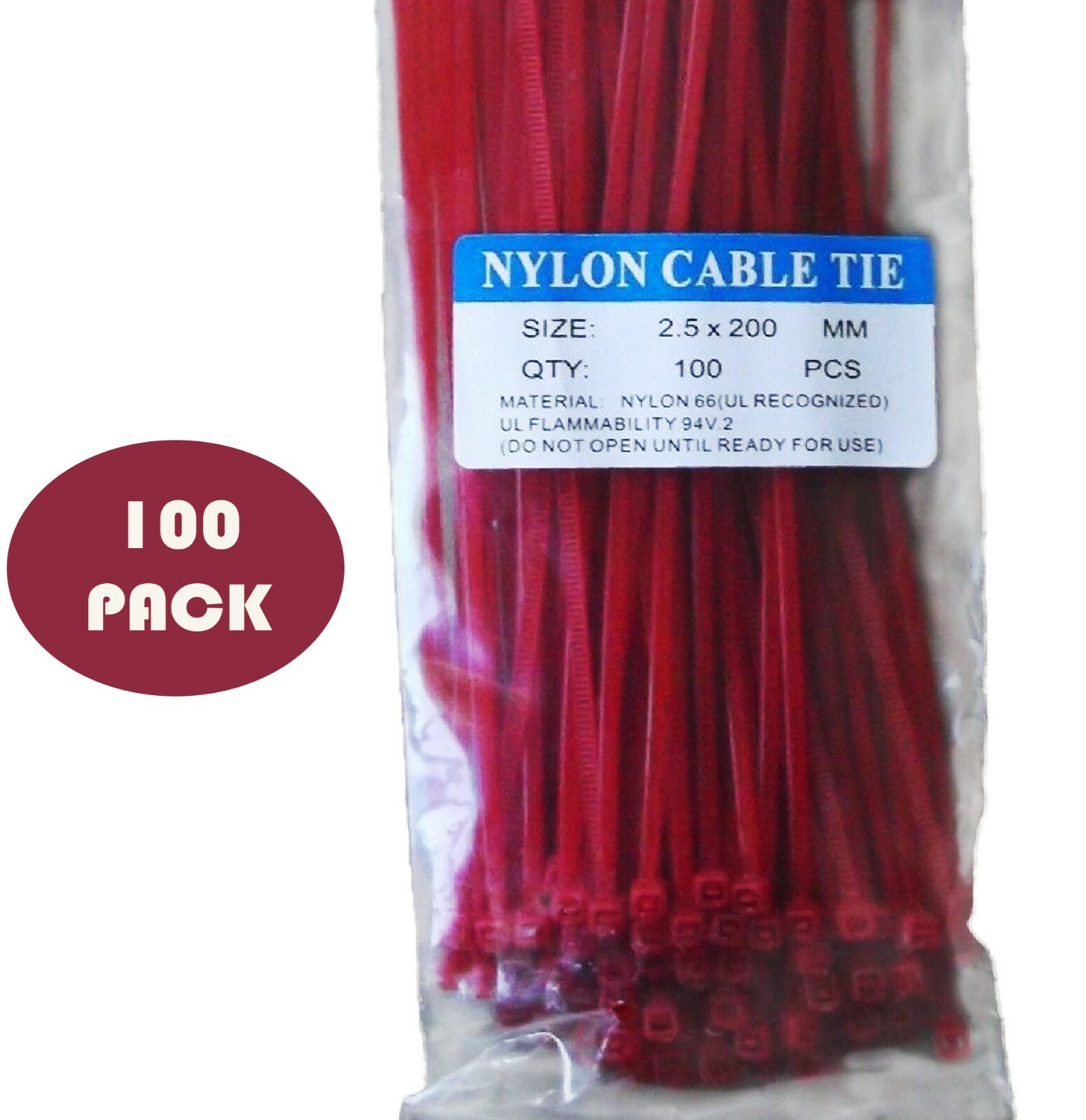 100 Pack - 200 X 2.5MM Nylon Cable Tie Wraps in Red - Tuff Jacks
