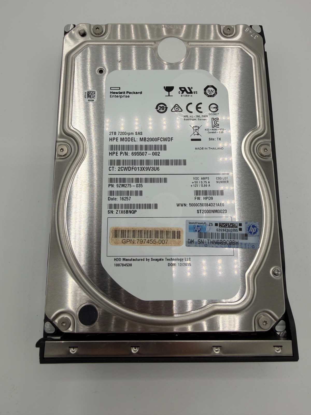 HPE 695507-002 2TB 7.2K 6G SAS 3.5in LFF HDD MB2000FCWDF ST2000NM0023 w/ Tray