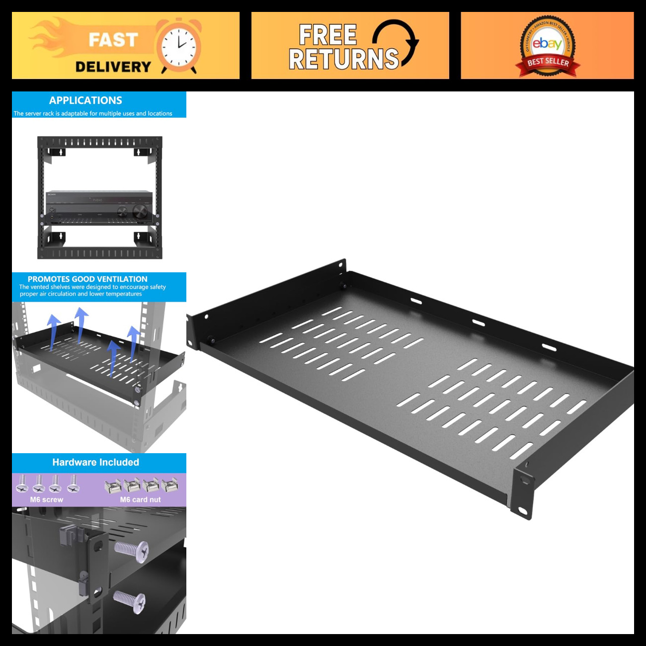 Universal 1U Server Rack Shelves - 10" Deep, Heavy Duty, Adjustable, Metal Stora