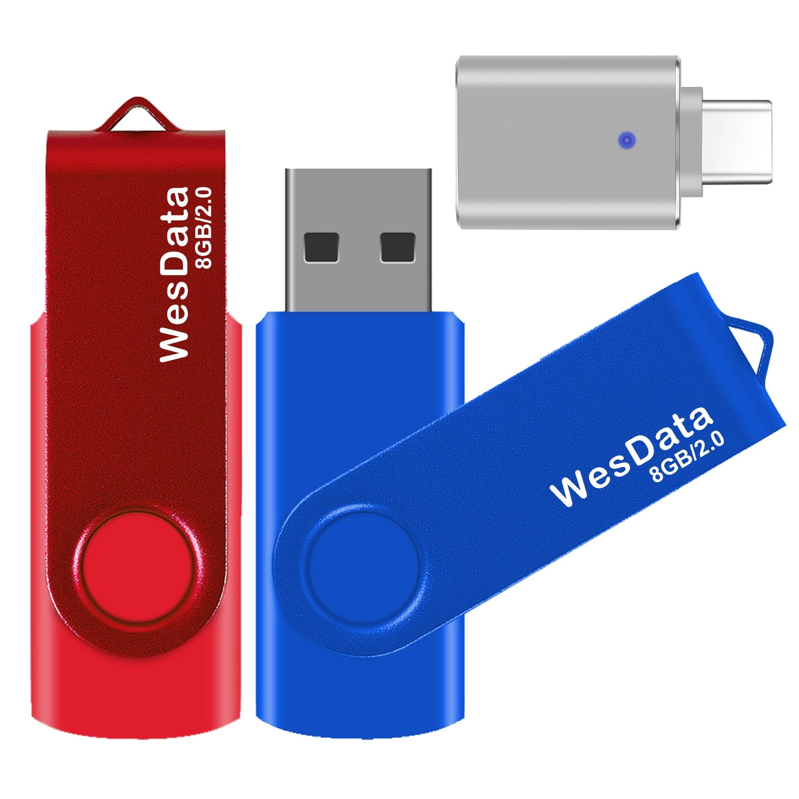 WesData 2 Pack 8GB USB 2.0 Flash Drive and 1 C 8GB-2.0, Red Blue-2
