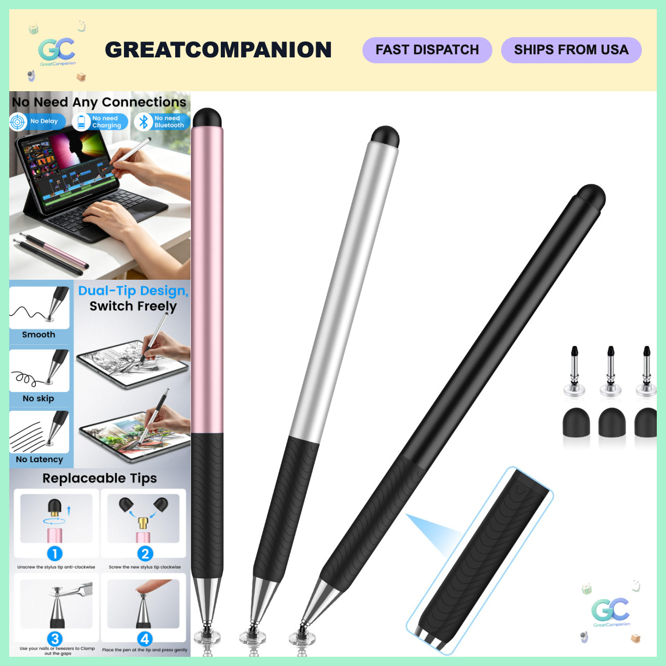 2-in-1 Touchscreen Stylus Pens for iPad, 3 Pack - Precision & Versatile Use