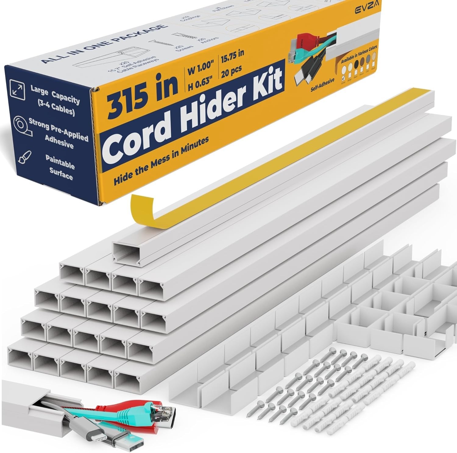 Cable Management Wall Cord Hider 315" W/32 Pcs Conn. Cable Raceway for 3-4 Cable