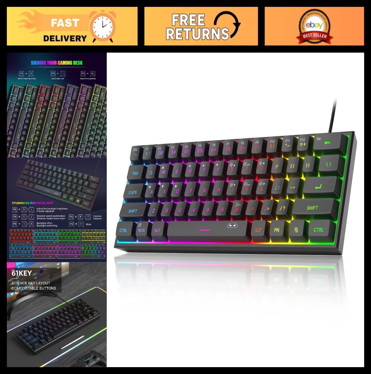 Mini 60% RGB Gaming Keyboard, 61-Key Ultra-Compact, Ergonomic Waterproof for PC/